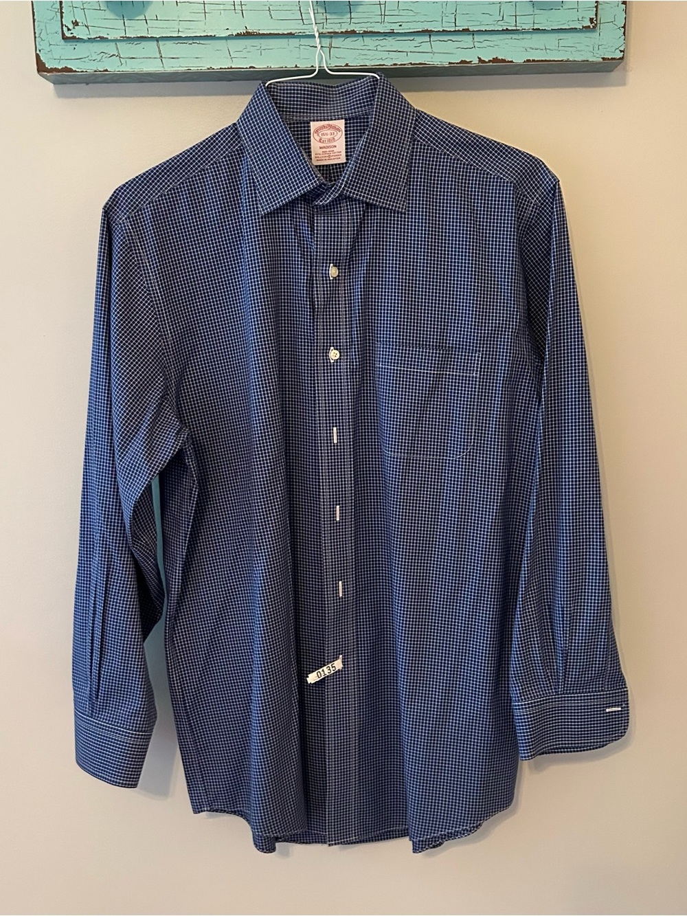 Brooks Brothers Madison Navy and White Micro-Check Dress Shirt EUC